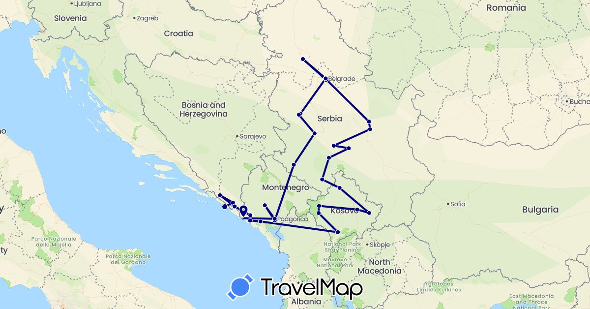TravelMap itinerary: driving in Bosnia and Herzegovina, Croatia, Montenegro, Serbia, Kosovo (Europe)